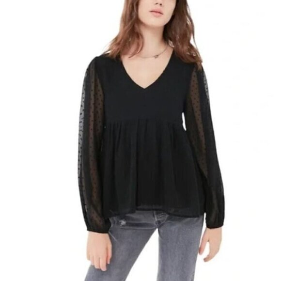Urban Outfitters Top Womens Medium Clip Dot Babydoll V Neck Sheer Black Boho - Picture 1 of 10